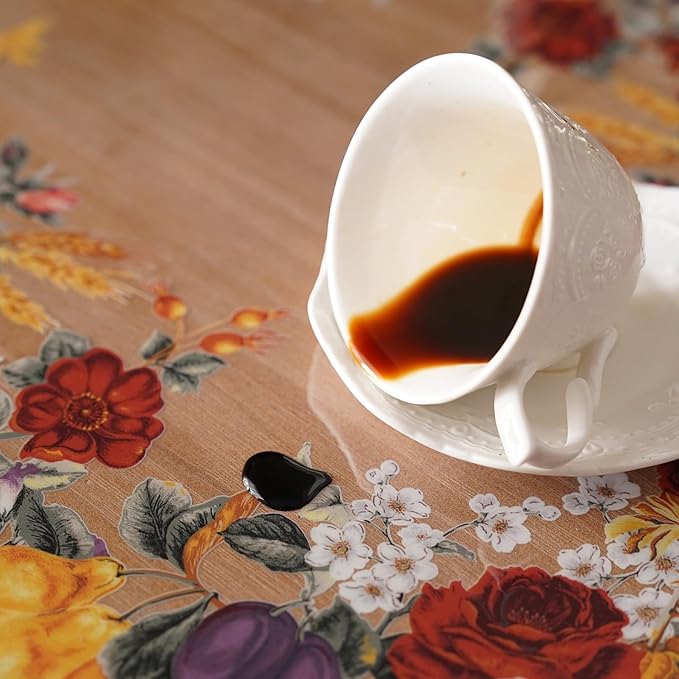 Clear Table Cover Protector Vinyl PVC Rectangle Table Cloth Oil Spill Proof Plastic Tablecloths for Dining Tables Parties Holidays (Floral Fruit, 60 x 104 Inches)
