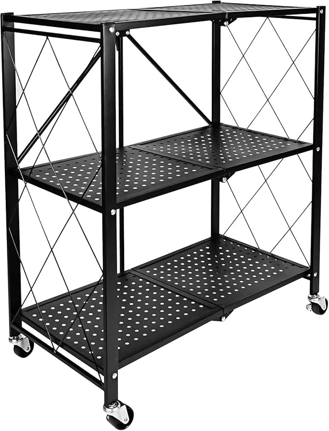 Standing Shelf Unit, 3-Tier Metal Storage Rack with Caster Wheels