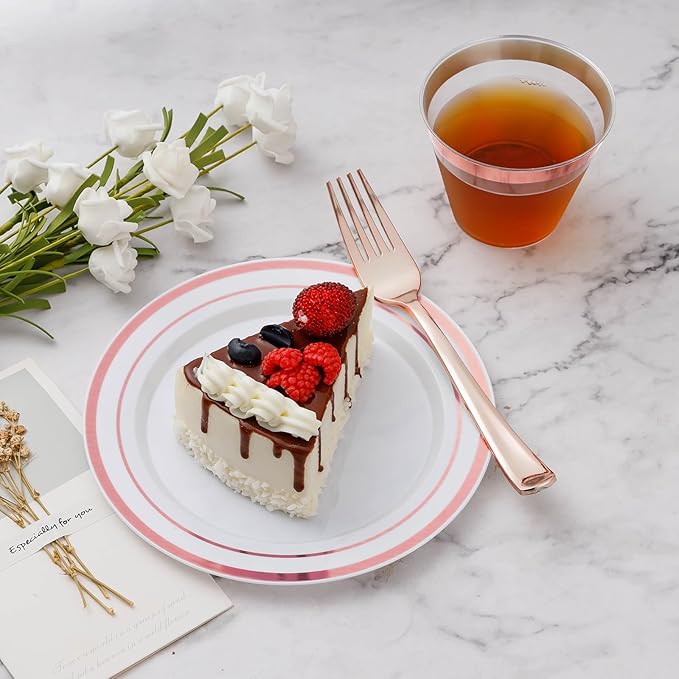 Plates Set for 100 Guests in Rose Gold, 600 Disposable Plastic Pieces