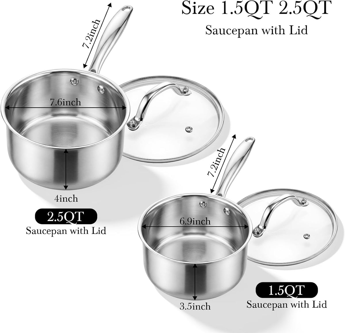 Tri-Ply Stainless Steel Pot 1.5Qt & 2.5Qt with Lids – close-up