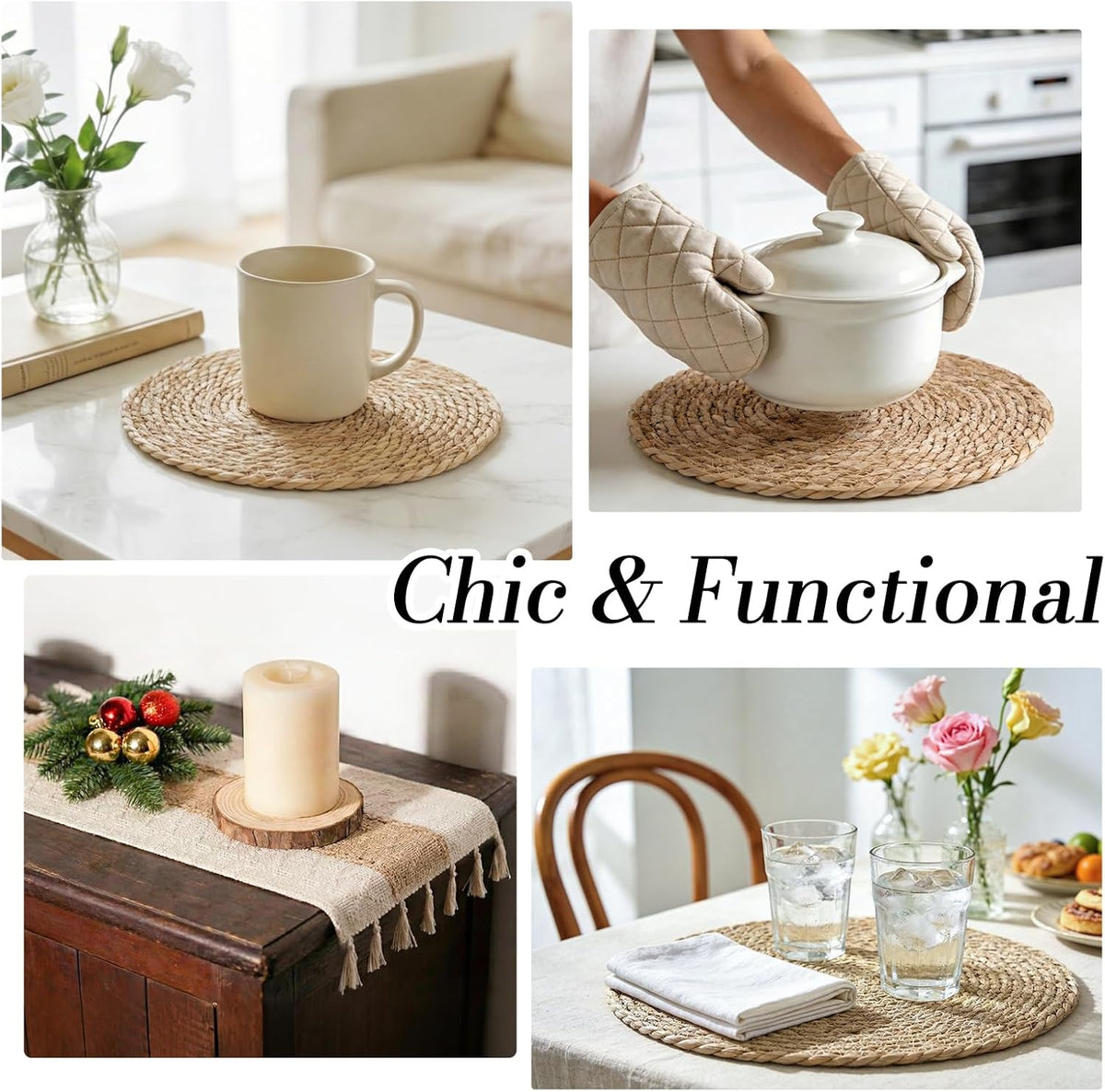 Placemats Set of 8 - Rattan Round Place Mats & 11.8” x 17” Cotton Braided – size reference