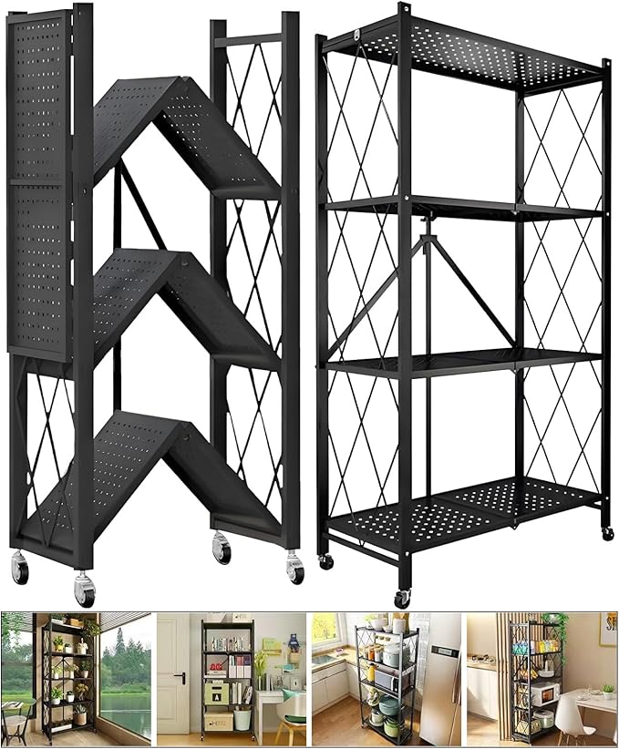 Standing Shelf Unit 4-Tier Metal Rack with Locking Casters, 50 lb per Shelf