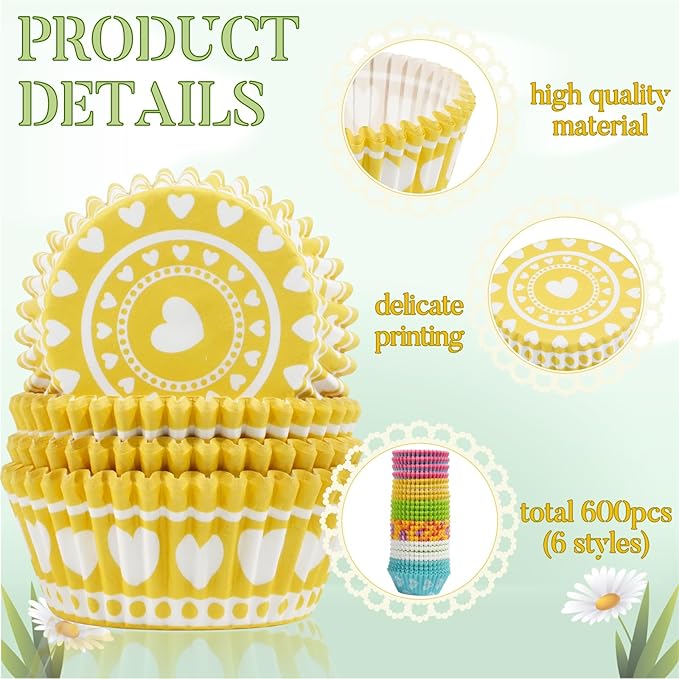 Baking Cups, 600 Pack Easter Paper Liners in 6 Bunny and Floral Designs