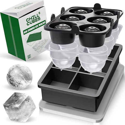 Large Ice Cube Trays Combo - Set of 2, Silicone Ice Ball Maker & Ice Cube Trays with Lids for Chilly Drinks, Perfect for Whiskey, Cocktails - BPA-Free