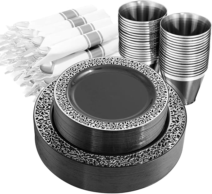 Disposable Plates Set, Black Lace Design with Silver Cutlery, 210 Pieces