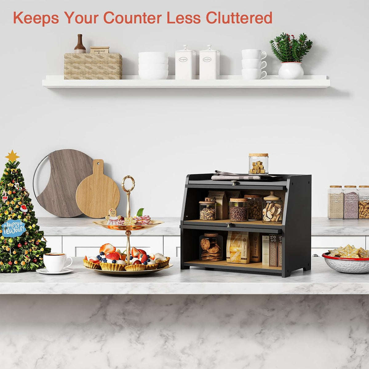 Large Bread Box for Kitchen Countertop, Black Bread Storage Container – close-up