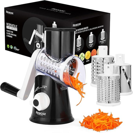 Rotary Cheese Grater Hand Crank - Cheese Shredder Hand Crank with Handle, Vegetable Shredder with 3 Stainless Steel Blades & Strong Suction Base – Round Slicer & Food Chopper for Kitchen