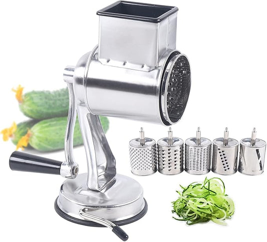 Rotary Cheese Grater Vegetable Potato Slicer Upgrade Stainless steel Rotary Handheld Grater Food Grater with 5 Blades for Vegetable Chesse Chocolate