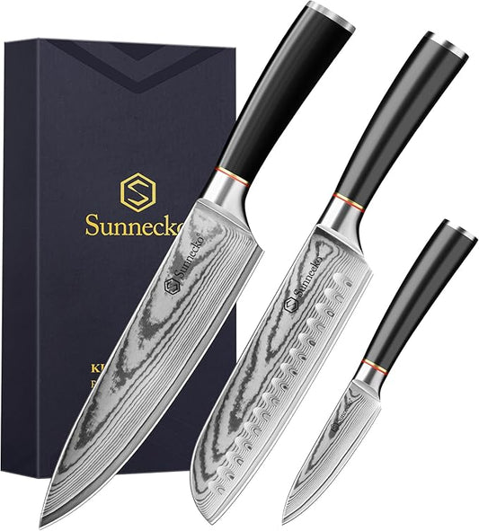 Sunnecko Damascus Knives Set,Japanese VG10 Core Steel Damascus 3PCS Chef Knife Set,Professional Razor Sharp Kitchen Knives Set with Knife Sharpner