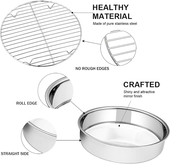 E-far 8-inch Round Cake Pan with Rack Set, Stainless Steel Cake Pans Tins and Baking Cooling Racks, Non Toxic & Healthy, Mirror Polished & Dishwasher Safe - 4 Pieces (2 Pans + 2 Racks)