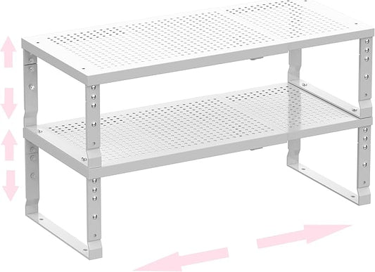 Metal Stackable Expandable Storage Shelf - Multi-Functional Home Storage Shelf, Suitable for Kitchen, Cabinet，Bathroom, Office, Garage, etc.（2PACKS/White/Large