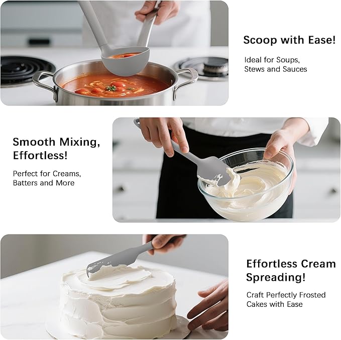 Silicone Kitchen Cooking Utensils Set with Holder – 14, PureGray