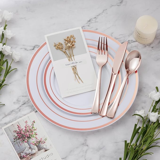 Plates Set for 100 Guests in Rose Gold, 600 Disposable Plastic Pieces