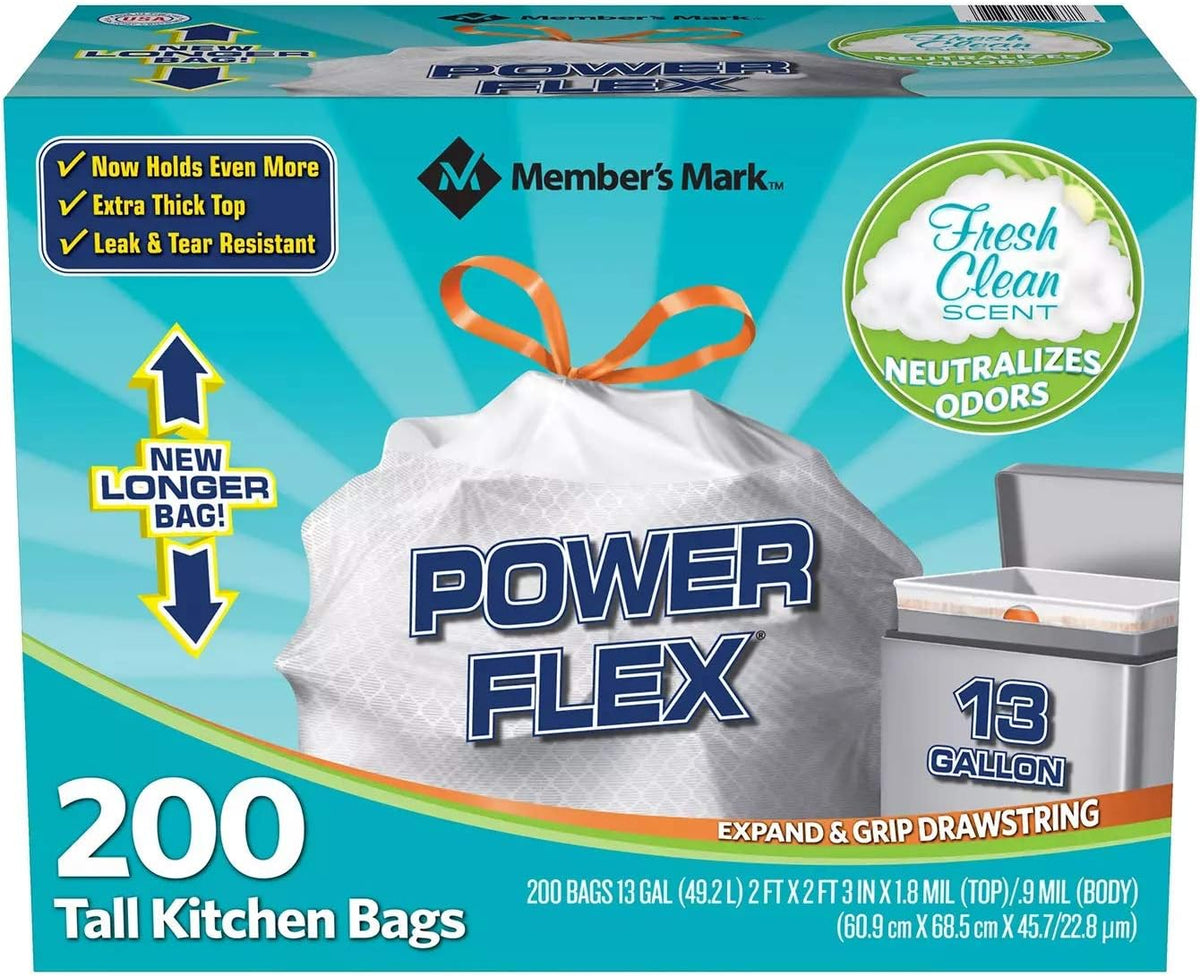 Member's Mark Power Flex Tall Kitchen Drawstring Trash Bags (13 Gallon, 2 Rolls