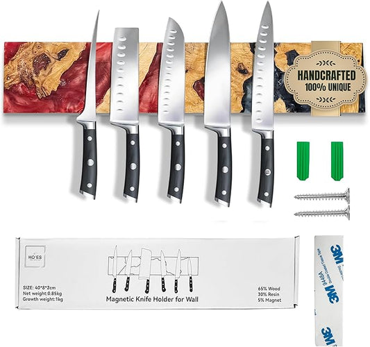 Magnetic Knife Holder for Wall 16 Inch |Premium Wood & Red and Grey Resin| Epoxy Knife Magnetic Strip, Kitchen Knife Block Holder with Strong Magnet, Space-Saving, Handcrafted Style & Easy to Install
