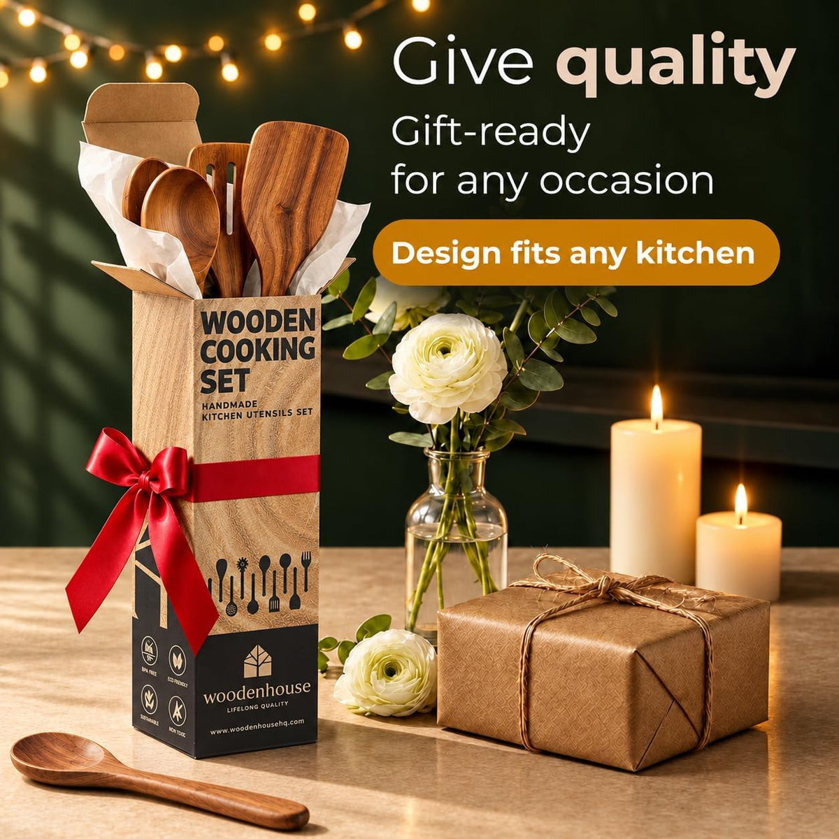 Wooden Spoons for Cooking – 10 Pcs Non Toxic Teak Kitchen Utensils Set – another angle
