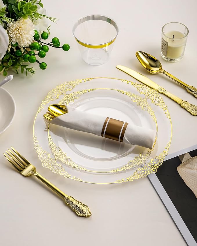 Disposable Plates Set, 350 Pieces, Clear Gold Trim for 50 Guests