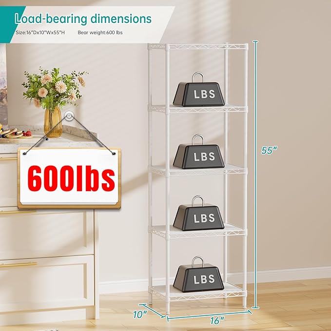 Standing Shelf Unit 5-Tier Metal Wire Rack, Adjustable White