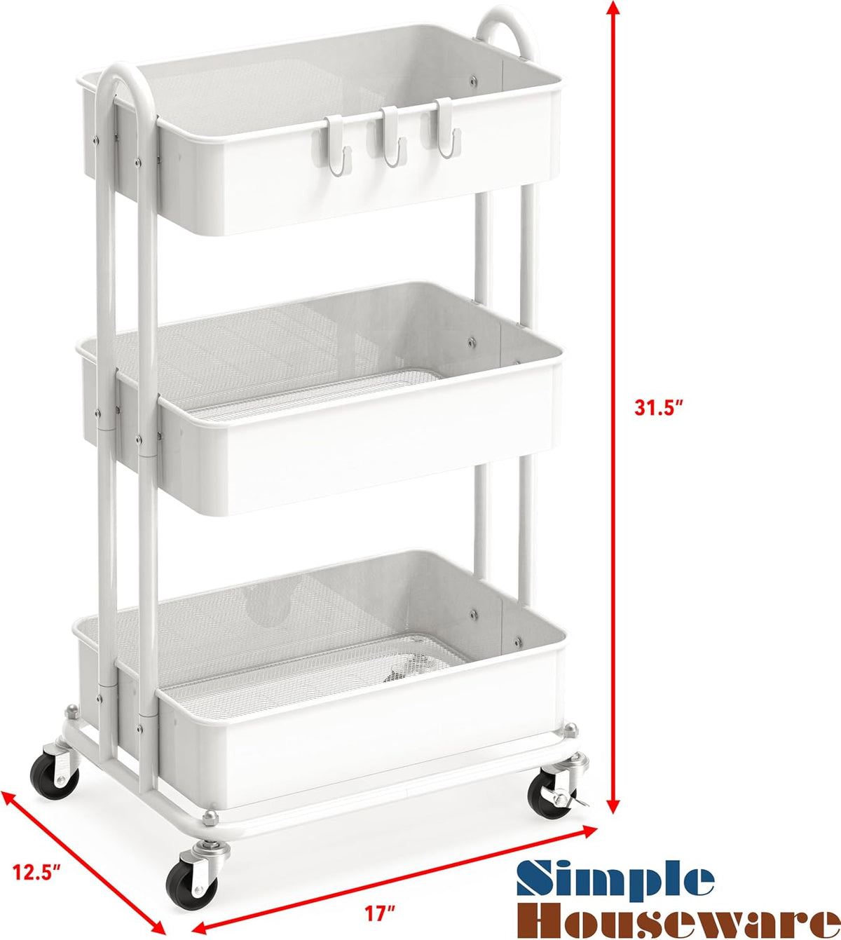 3-Tier Heavy Duty Metal Utility Rolling Cart, White – detail