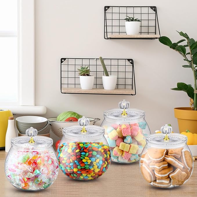 Food Jars Canisters, 4 Clear Plastic Jars with Lids, Up to 30 oz