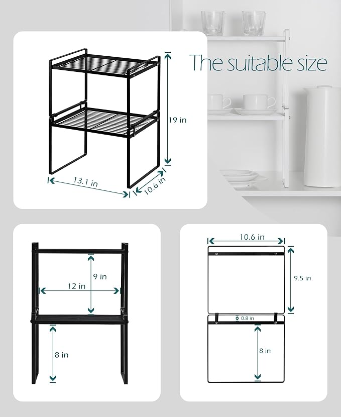 Stackable Kitchen Cabinet Shelf Organizer, 2 Pack, Black, Rust-Resistant