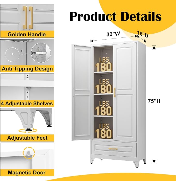 Pantry Cabinet 75-Inch White Metal with Drawer and Adjustable Shelves