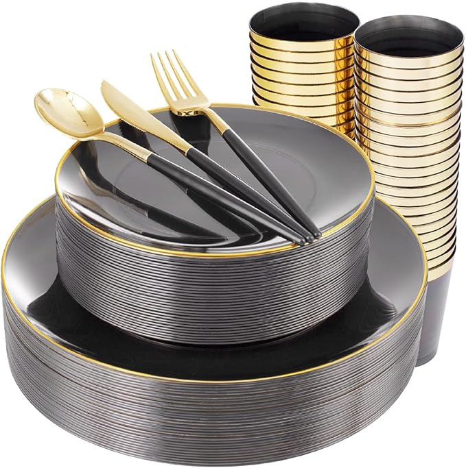 Disposable Black Plates with Gold Rim, 180-Piece Party Set