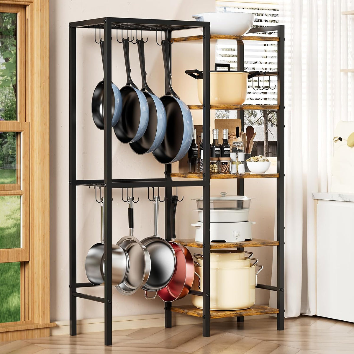 5-Tier Pot and Pan Organizer Rack with Hooks, Heavy-Duty Kitchen Storage Shelf