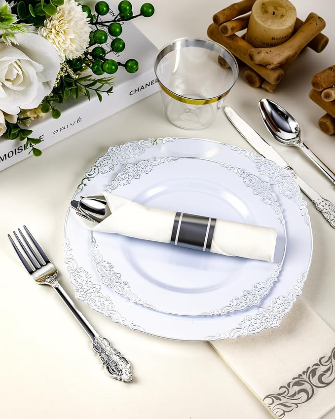 Plates with Silver Border, Disposable Plastic Party Set for 50