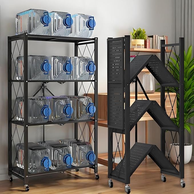 Standing Shelf Unit 4-Tier Metal Rack with Locking Casters, 50 lb per Shelf