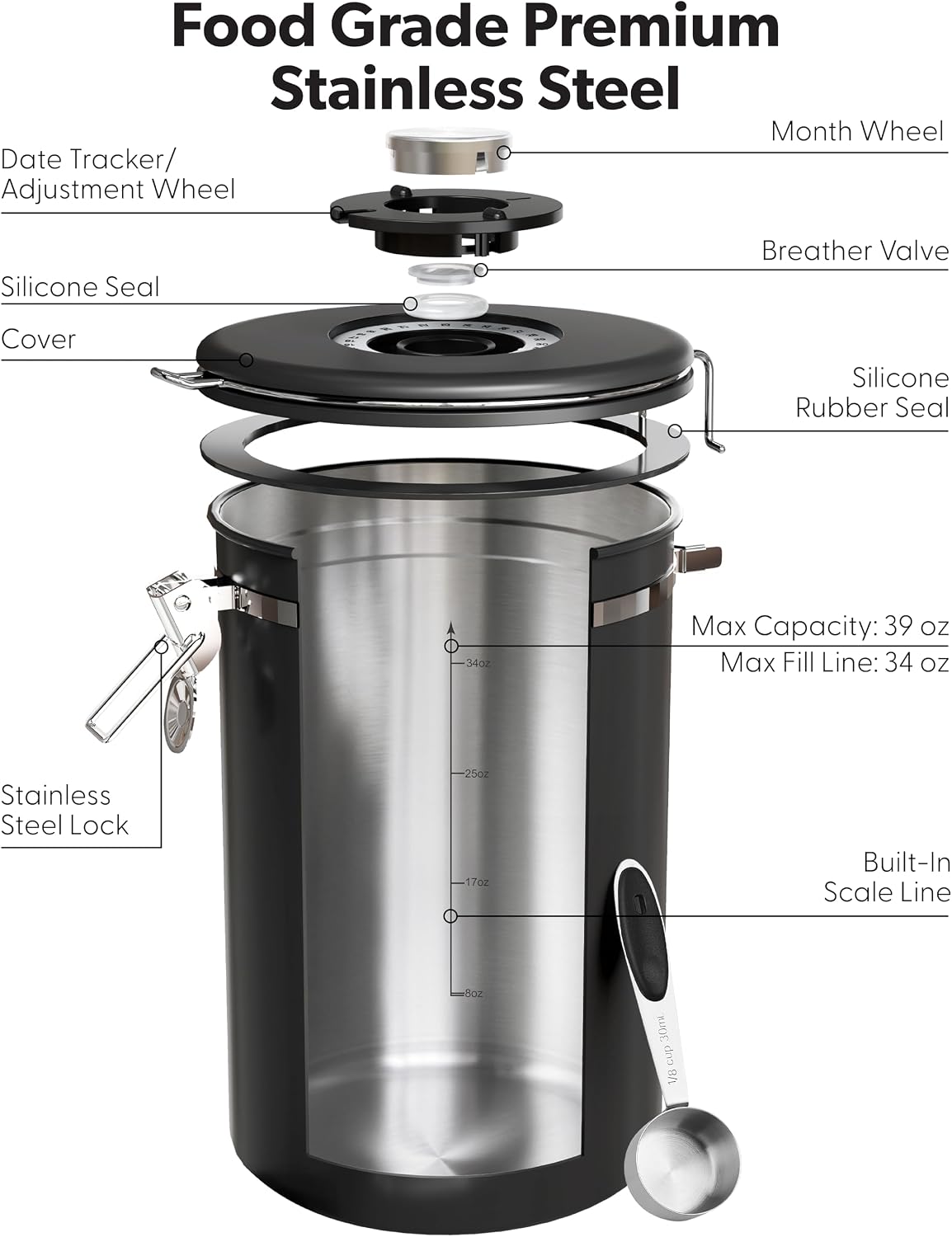Coffee Canister with Window, 39OZ Large Airtight Stainless Steel Jars – set view