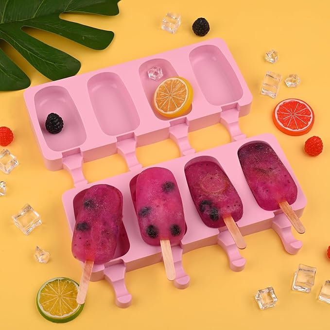 WMKGG Popsicle Silicone Molds Set, 2 PCS Ice Cream Molds with 50 Wooden Sticks for Cake Pop, Ice Pop, Cakesicles (Standard Size/Pink)