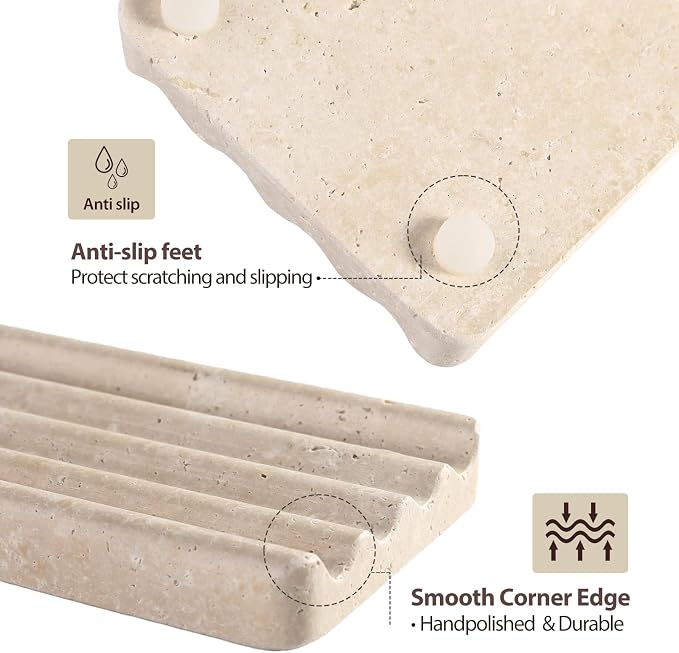 Soap Dish with Striped Grooves, Travertine Stone, 5 x 3 Inch