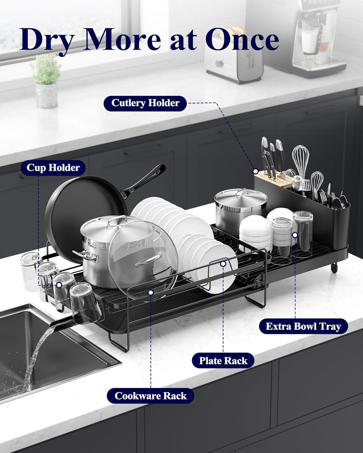 Extendable Dish Drying Rack, 19.2"-26.7" L x 12.9" W, Black – detail