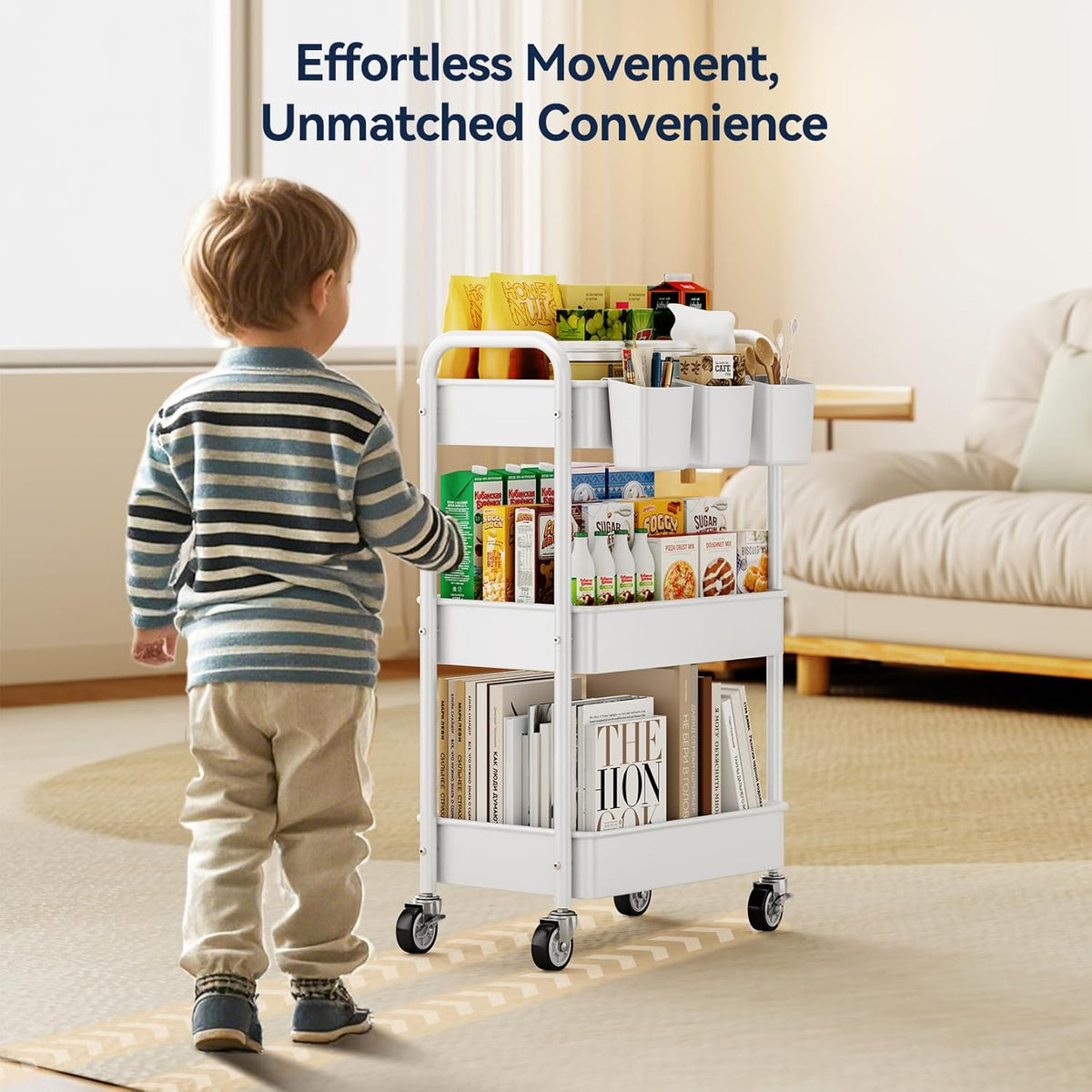 3 Tier Rolling Cart, Heavy Duty Metal Utility Cart with Wheel White – close-up