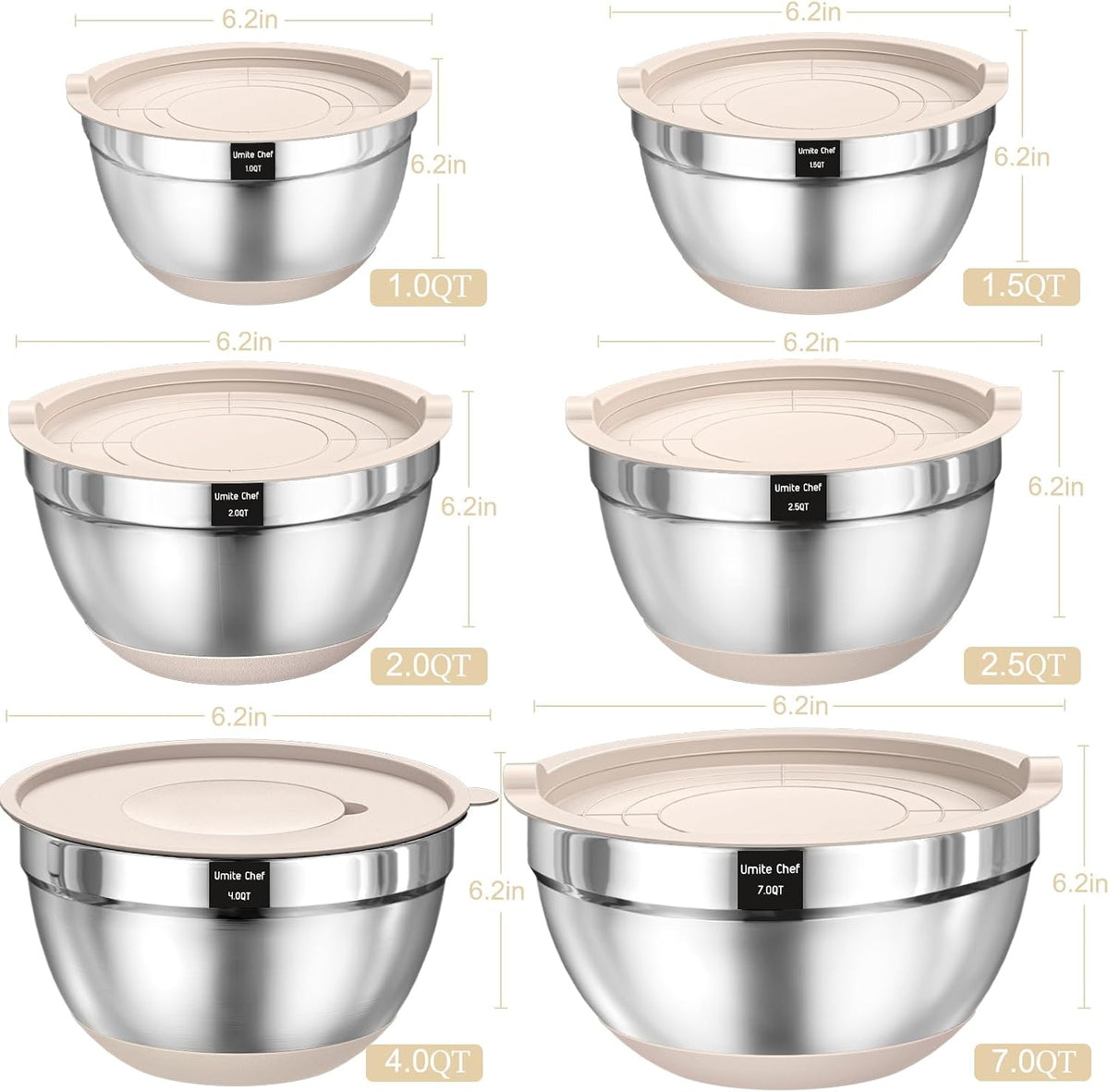 Mixing Bowls with Airtight Lids Set, 26PCS Stainless Steel Khaki Bowls – detail
