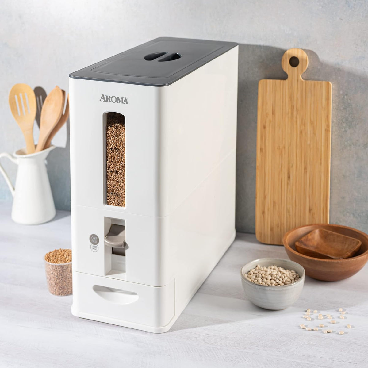 Housewares 27lbs Large Rice Dispenser, 7.25 x 16.5 x 16.5 inches, White – features