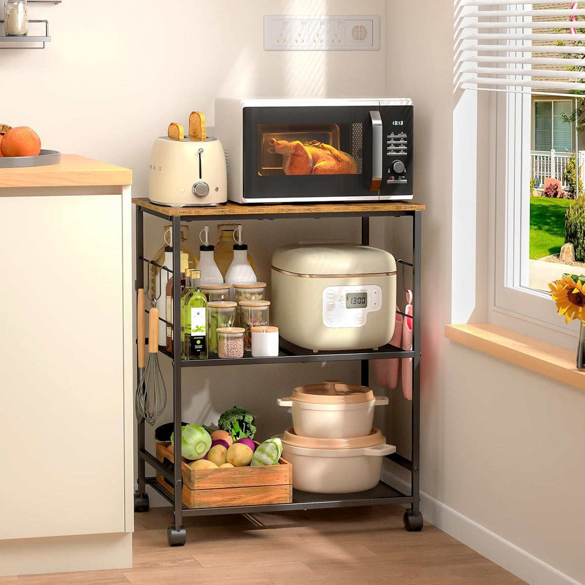 Rolling Kitchen Microwave Cart, 3 Tier Microwave Table Stand with Storage