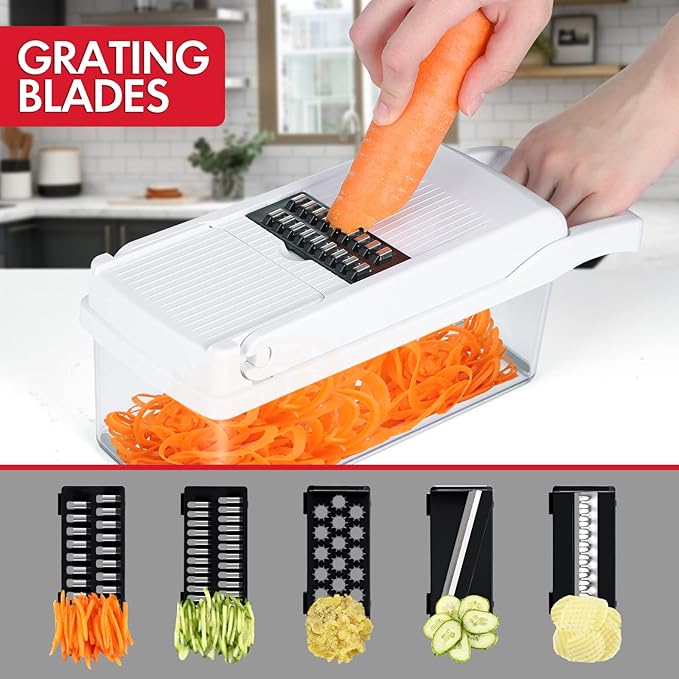 Ourokhome Vegetable Chopper Onion Cutter, 14 in 1 Professional Mandoline Slicer for Kitchen, Multifunctional Food Chopper for Potato, Tomato, Veggie with Strainer Basket, 10 Blades, Black