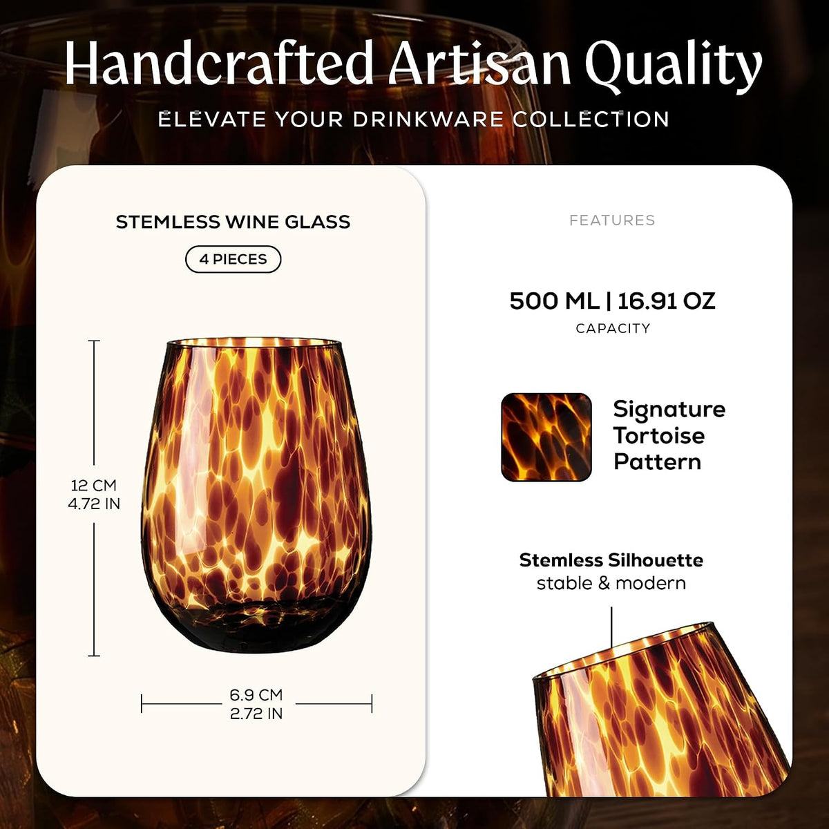 Tortoise Shell Stemless Wine & Water Glass Set of 4 – 16.91 oz Borosilicate – features