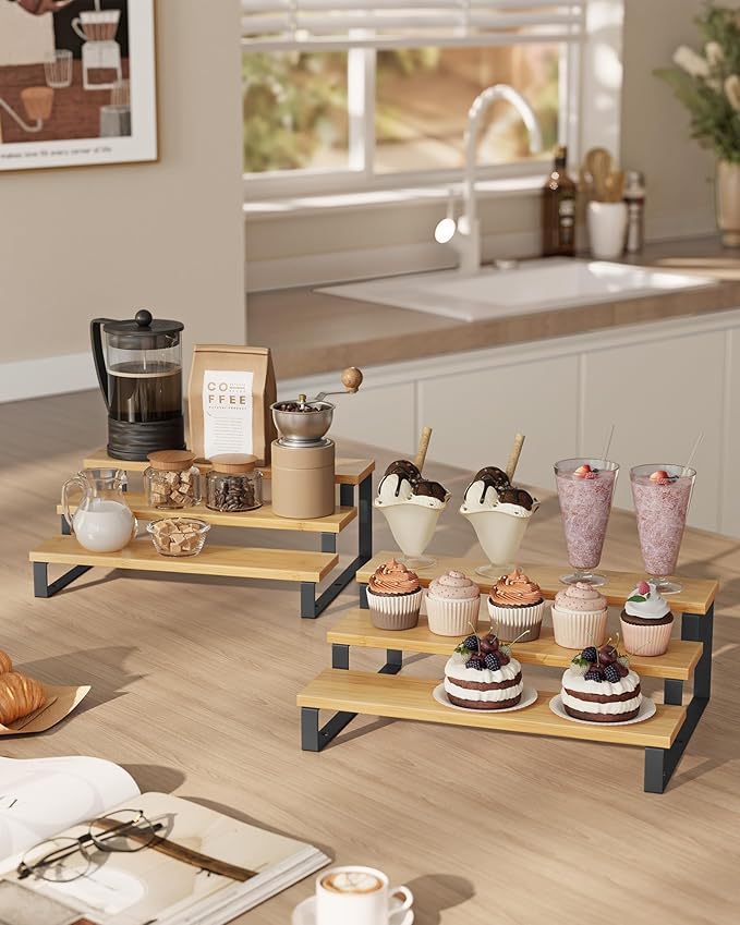 Spice Racks, 2-Piece Set, Beige and Black Engineered Wood Tiered Organizer