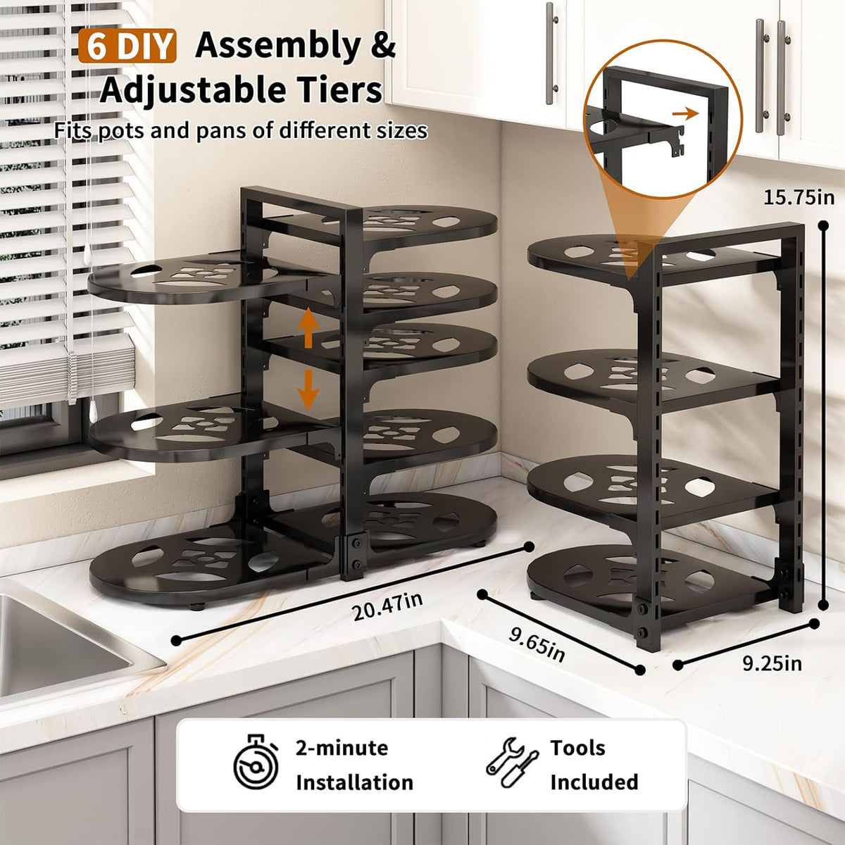 Adjustable Heavy Duty Pots and Pans Organizer Under Cabinet, 8-Tier Pot and Pan – close-up