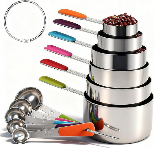 Measuring Cups and Spoons Set, Stainless Steel 11 Piece for Cooking and Baking (6 Cups + 5 Spoons, Colorful Handles)
