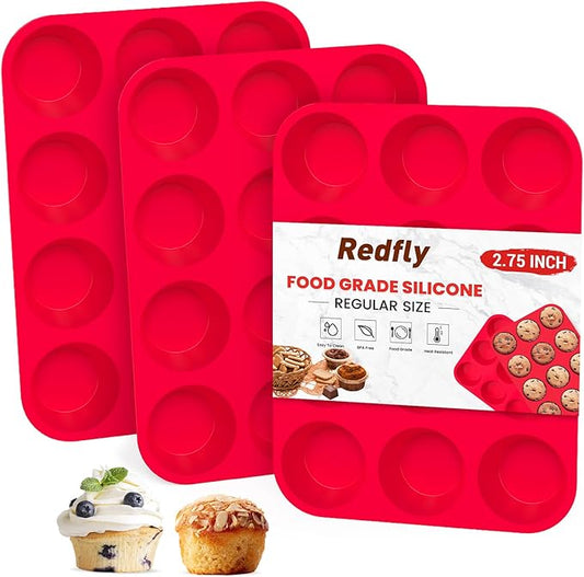 Redfly 3 Pack Silicone Muffin Pan & Cupcake Pans for Baking - 12 Cup Regular Size BPA Free Egg Bites Molds