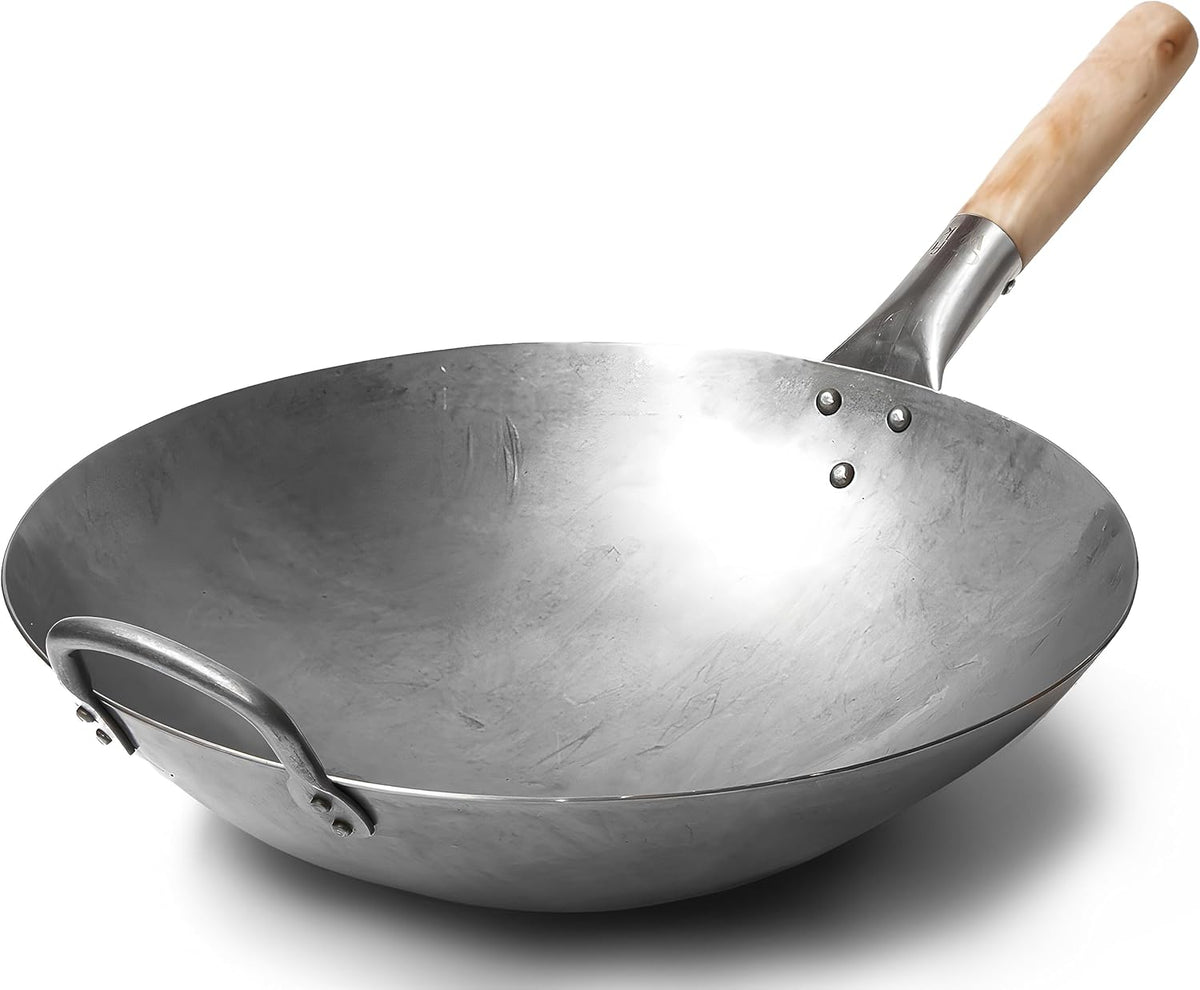 Traditional Hand Hammered Chinese Carbon Steel Wok with Wooden and Steel Helper