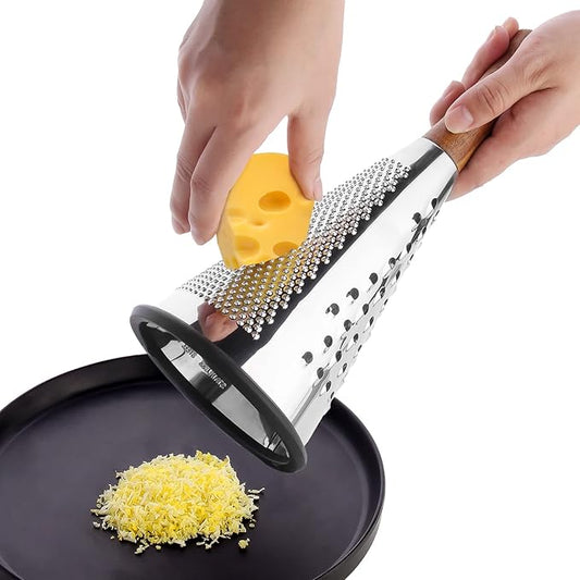 Cone Cheese Grater with Handle - Stainless Steel Triple Function Wood Handle Parmesan Shaver Non-Slip Rubber Bottom Hand Held Multifunction Vegetables Cheese Grater with container (M: 9.4" X 4.3")