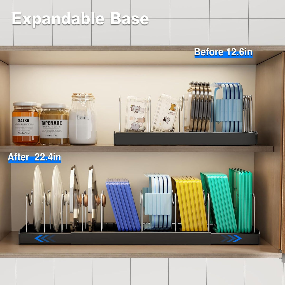 2 Pack Pots and Pans Organizer under Cabinet, 22" Expandable Food Storage – close-up