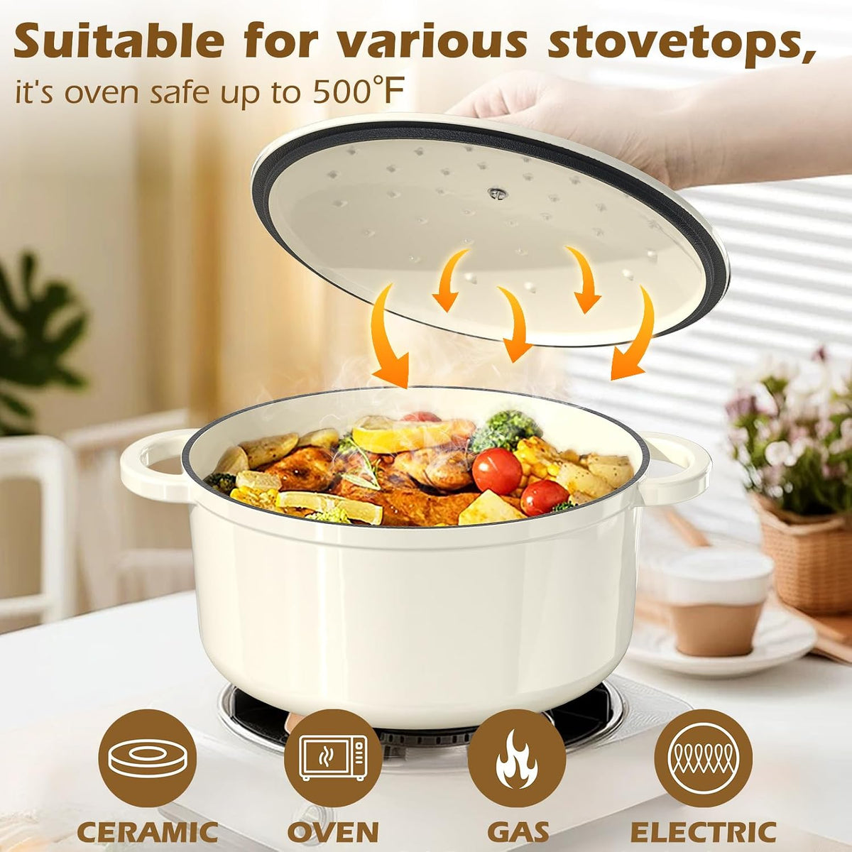 Enameled Cast Iron Dutch Oven - 5QT Pot with Lid & Cotton Potholders – set view