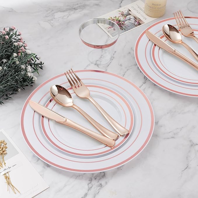 Plates Set for 100 Guests in Rose Gold, 600 Disposable Plastic Pieces