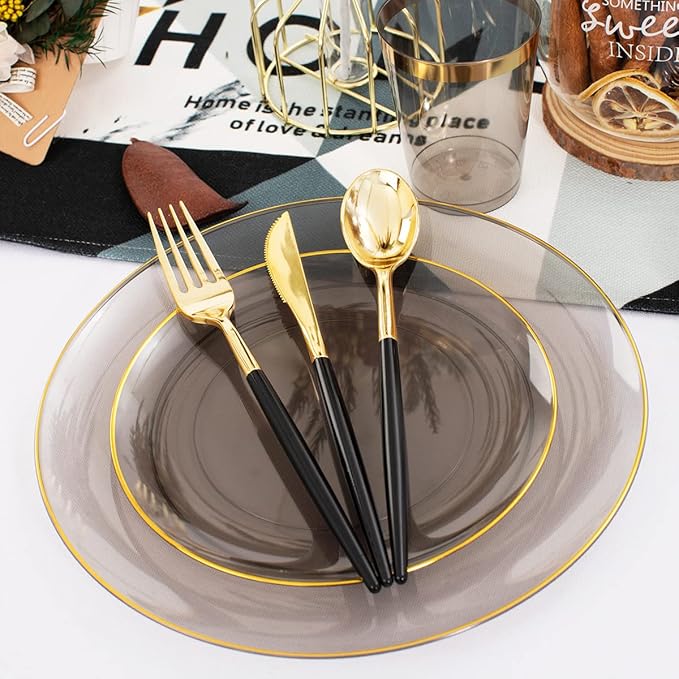 Disposable Black Plates with Gold Rim, 180-Piece Party Set